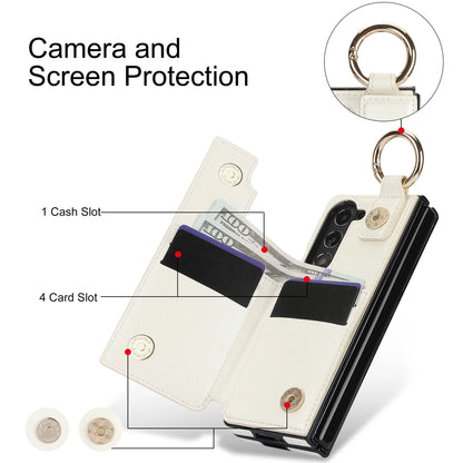 Fold7 Ring&Pen Slot Pu Leather Phone Case for Samsung Galaxy Z Fold 7 6 5 4 3 Metal Double Buckle Flip Card Holder Wallet Cover