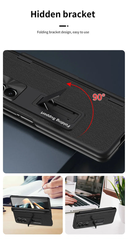 With Touch Pen Case For Samsung Galaxy Z Fold 5 Leather Hinge Fold 6 4 3 Screen Protector Tempered Film Folding Kickstand Cover