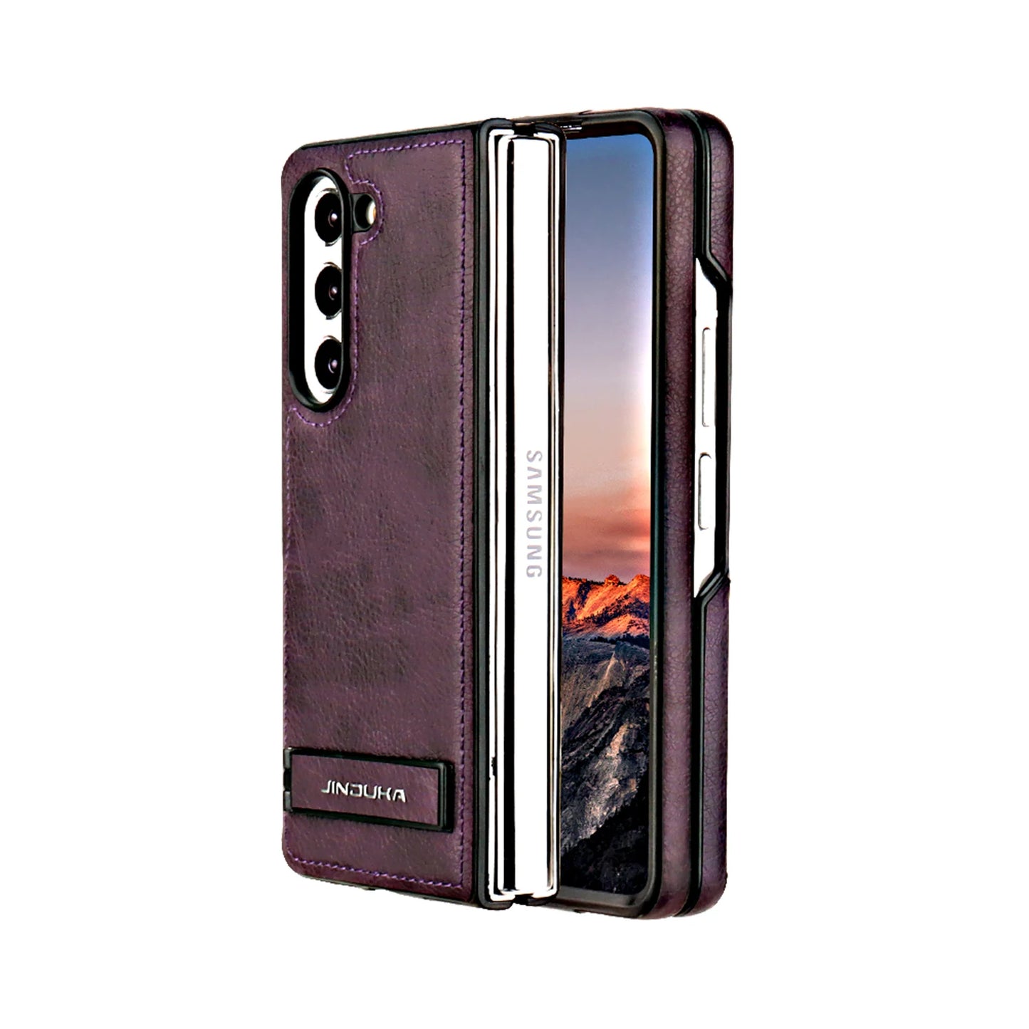 Z Fold 6 Electroplated Frame Bracket flip Leather cell Phone Case for Samsung Galaxy Z Fold 6 5 4 3 Anti Fingerprint Back Cover