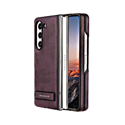 Z Fold 6 Electroplated Frame Bracket flip Leather cell Phone Case for Samsung Galaxy Z Fold 6 5 4 3 Anti Fingerprint Back Cover