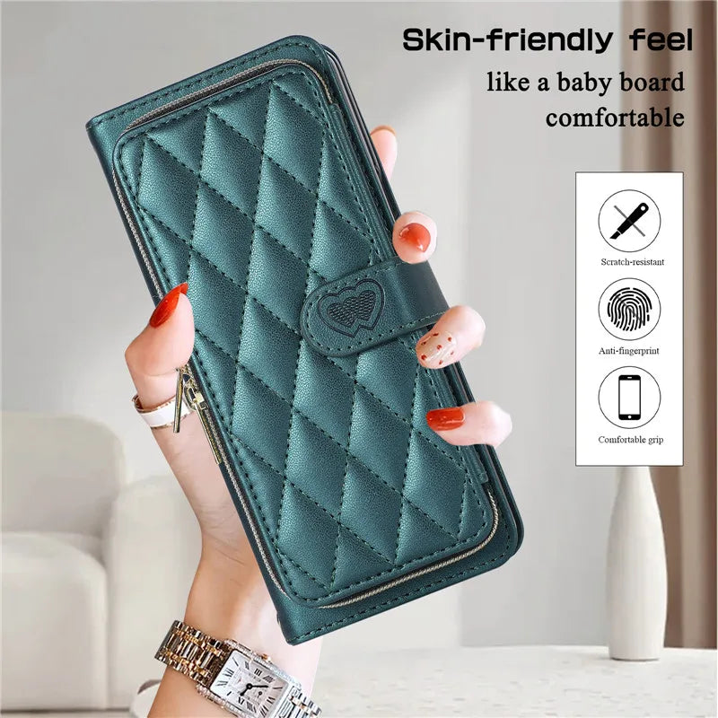 Crossbody Lanyard Zip Leather Wallet Card Phone Case for Samsung Galaxy Z Fold 7 6 5 4 3 Luxury Wrist Rope Flip Stand Cover Bag