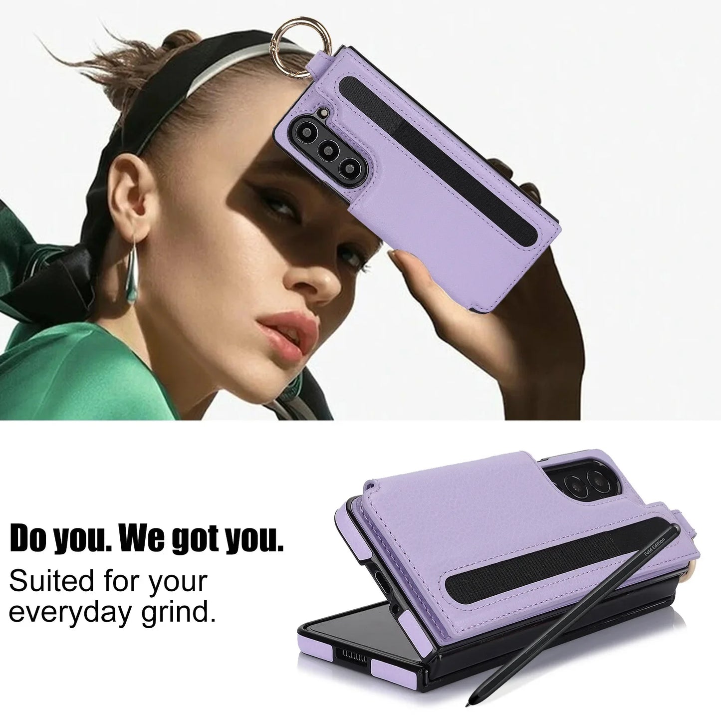 Fold7 Ring&Pen Slot Pu Leather Phone Case for Samsung Galaxy Z Fold 7 6 5 4 3 Metal Double Buckle Flip Card Holder Wallet Cover