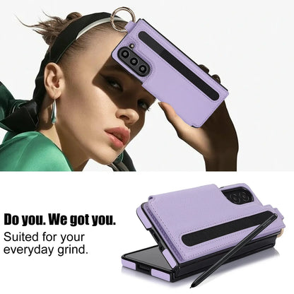 Fold7 Ring&Pen Slot Pu Leather Phone Case for Samsung Galaxy Z Fold 7 6 5 4 3 Metal Double Buckle Flip Card Holder Wallet Cover