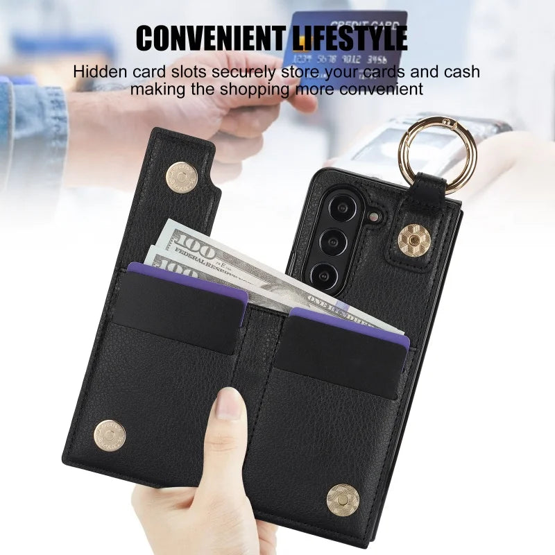 Ring Leather Zipper Wallet Card Slot Phone Case for Samsung Galaxy Z Fold 7 6 5 4 3 Shock Proof Flip Purse Holder Cover Hoesje