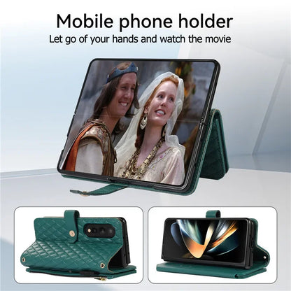 Luxury Lanyard Leather Flip Stand Phone Case for Samsung Galaxy Z Fold 7 6 5 4 3 Fold6 Fold5 Fold3 Fold4 Zip Wallet Card Cover