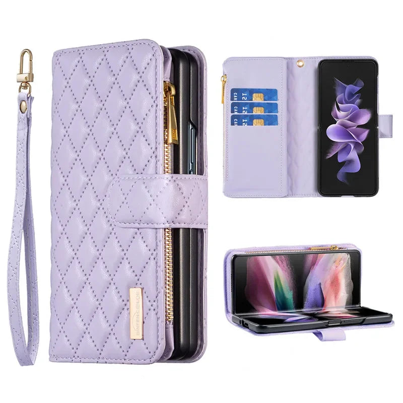 Luxury Lanyard Zipper Wallet Card Slot Phone Case For Samsung Galaxy Z Fold 7 6 5 4 3 Fold6 Fold5 Fold4 Leather Flip Stand Cover