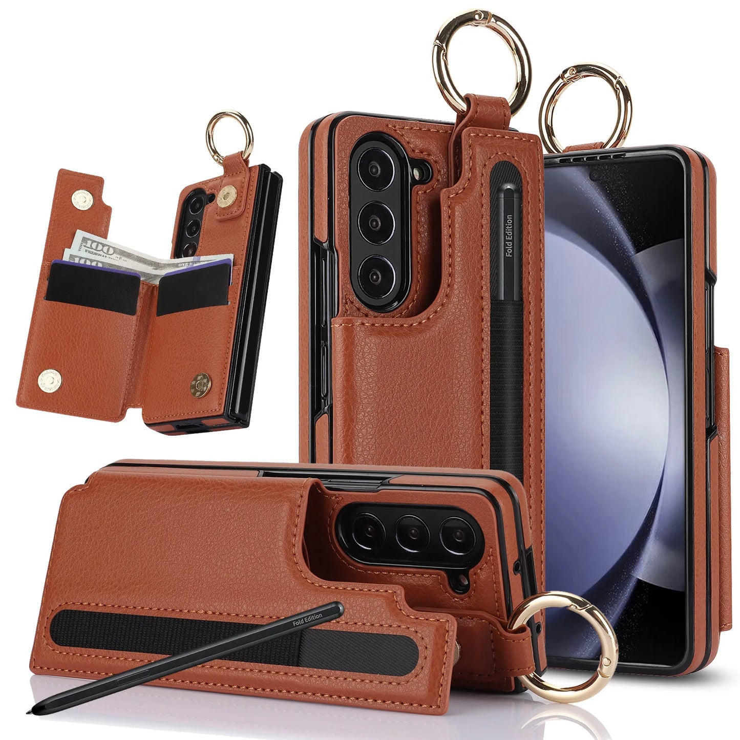 Fold7 Ring&Pen Slot Pu Leather Phone Case for Samsung Galaxy Z Fold 7 6 5 4 3 Metal Double Buckle Flip Card Holder Wallet Cover