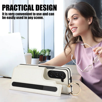 Fold7 Ring&Pen Slot Pu Leather Phone Case for Samsung Galaxy Z Fold 7 6 5 4 3 Metal Double Buckle Flip Card Holder Wallet Cover