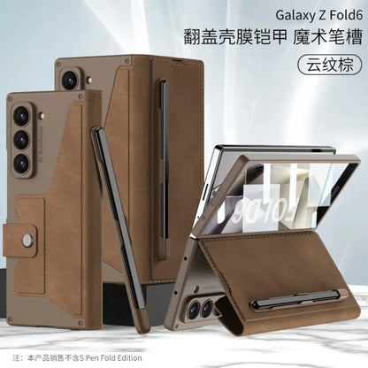 Fold 7 Card Holder Screen Film&Phone Case for Samsung Galaxy Z Fold 7 6 Pen Slot Magnetic Buckle Wallet Pu Leather+Pc Hard Cover
