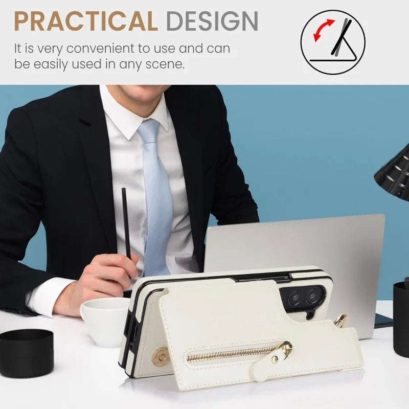 Ring Leather Zipper Wallet Card Slot Phone Case for Samsung Galaxy Z Fold 7 6 5 4 3 Shock Proof Flip Purse Holder Cover Hoesje