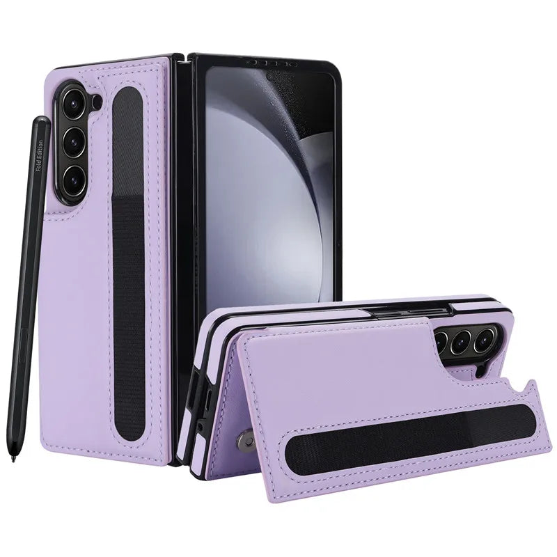 Pen Slot Leather Wallet Card Phone Case for Samsung Galaxy Z Fold 7 6 5 4 3 Fold6 Fold5 Fold4 Fold3 Retor Flip Stand Cover Etui