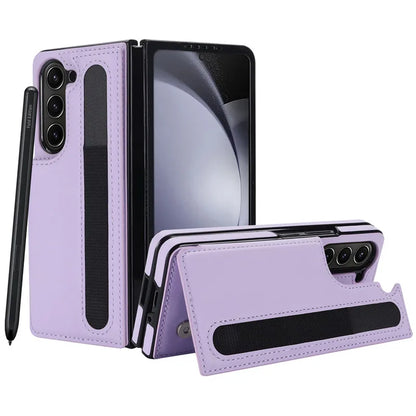 Pen Slot Leather Wallet Card Phone Case for Samsung Galaxy Z Fold 7 6 5 4 3 Fold6 Fold5 Fold4 Fold3 Retor Flip Stand Cover Etui