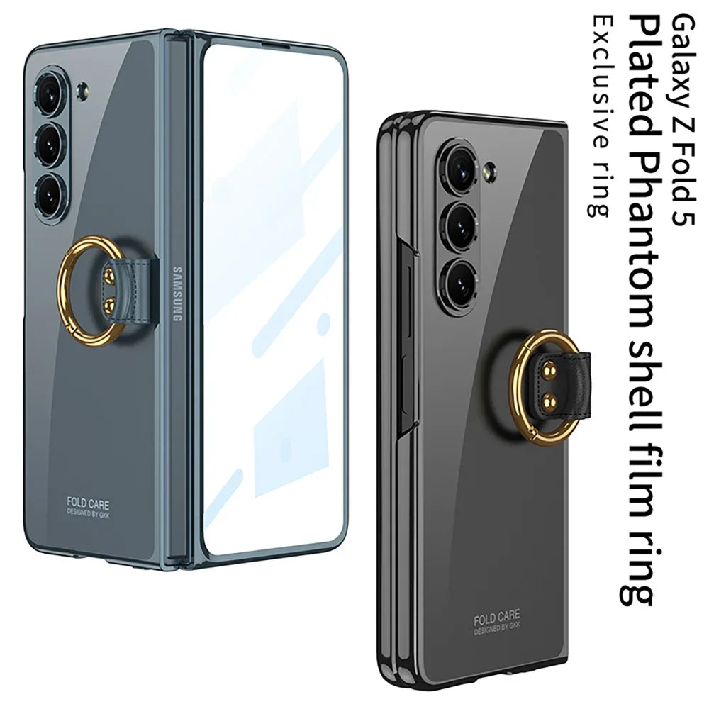 Luxury Plating HD Transparent Case for Samsung Galaxy Z Fold 6 5 5G Case with Ring Metal Ring Clear Shockproof Shell Case