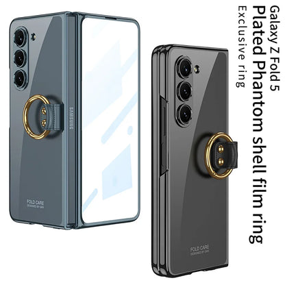 Luxury Plating HD Transparent Case for Samsung Galaxy Z Fold 6 5 5G Case with Ring Metal Ring Clear Shockproof Shell Case