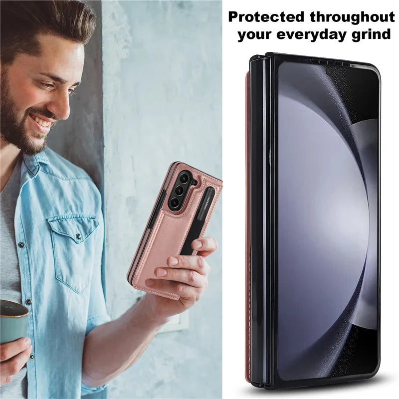 Pen Slot Leather Wallet Card Phone Case for Samsung Galaxy Z Fold 7 6 5 4 3 Fold6 Fold5 Fold4 Fold3 Retor Flip Stand Cover Etui