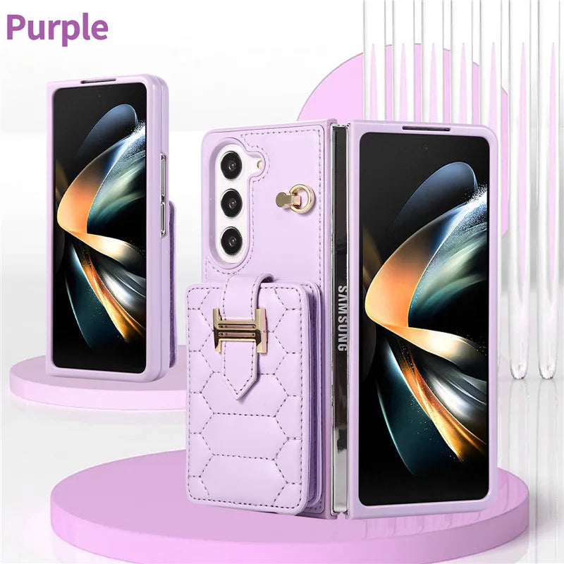 Crossbody Lanyard Leather Phone Case for Samsung Galaxy Z Fold 6 5 4 3 Fold6 Fold5 Fold4 Fold3 Wrist Rope Wallet Card Cover Etui