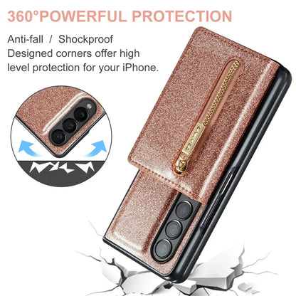 Glitter Magnetic Leather Zip Wallet Phone Case For Samsung Galaxy Z Fold 5 4 3