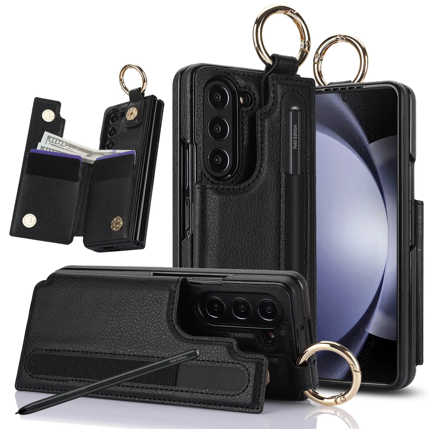 Fold7 Ring&Pen Slot Pu Leather Phone Case for Samsung Galaxy Z Fold 7 6 5 4 3 Metal Double Buckle Flip Card Holder Wallet Cover