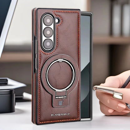 Electroplated Leather  Phone Case for Samsung Galaxy Z Fold 7 ZFold 6 5 4 3 Bracket Magnetic Wireless Charging Protective Cover