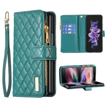 Luxury Lanyard Zipper Wallet Card Slot Phone Case For Samsung Galaxy Z Fold 7 6 5 4 3 Fold6 Fold5 Fold4 Leather Flip Stand Cover