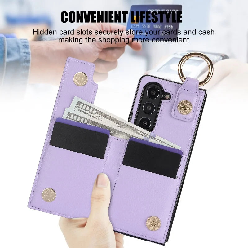 Ring Leather Zipper Wallet Card Slot Phone Case for Samsung Galaxy Z Fold 7 6 5 4 3 Shock Proof Flip Purse Holder Cover Hoesje