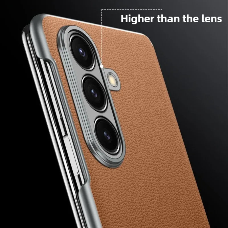 First Layer Cowhide Leather Phone Case for Samsung Galaxy Z Fold 7 Fold7 Metal Lens Protection Magnetic Attraction Hard Cover