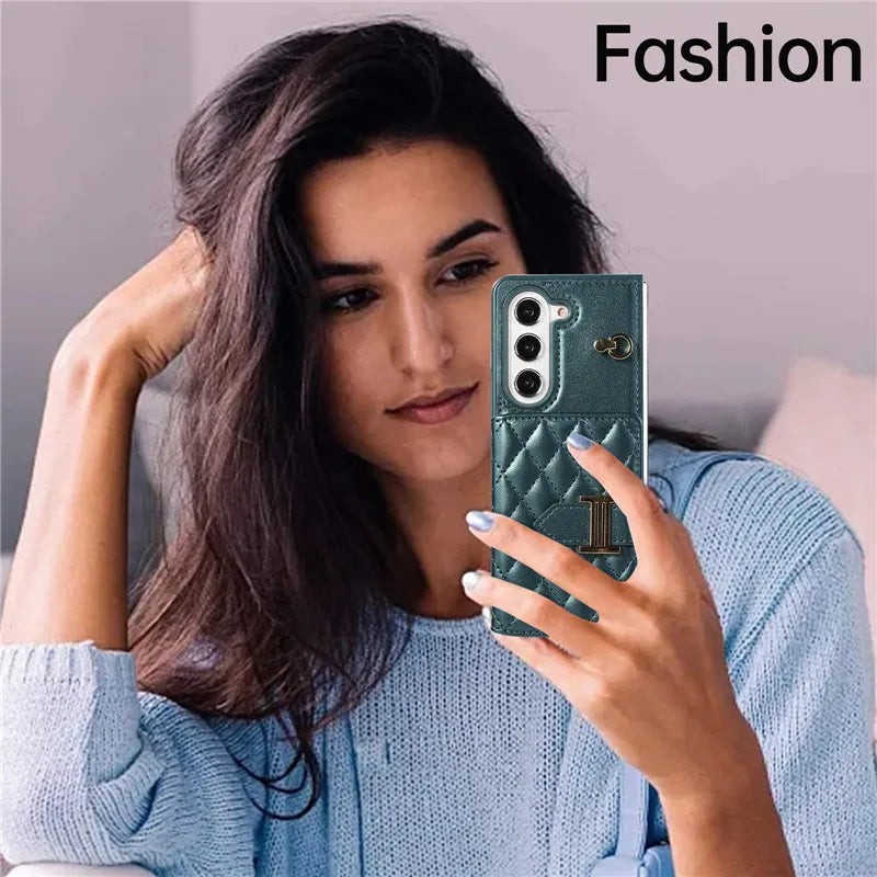 Crossbody Lanyard Leather Wallet Card Phone Case for Samsung Galaxy Z Fold 7 6 5 4 3 Fold6 Fold5 Fold4 Fold3 Wrist Rope Cover