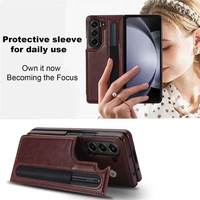 Pen Slot Leather Wallet Card Phone Case for Samsung Galaxy Z Fold 7 6 5 4 3 Fold6 Fold5 Fold4 Fold3 Retor Flip Stand Cover Etui