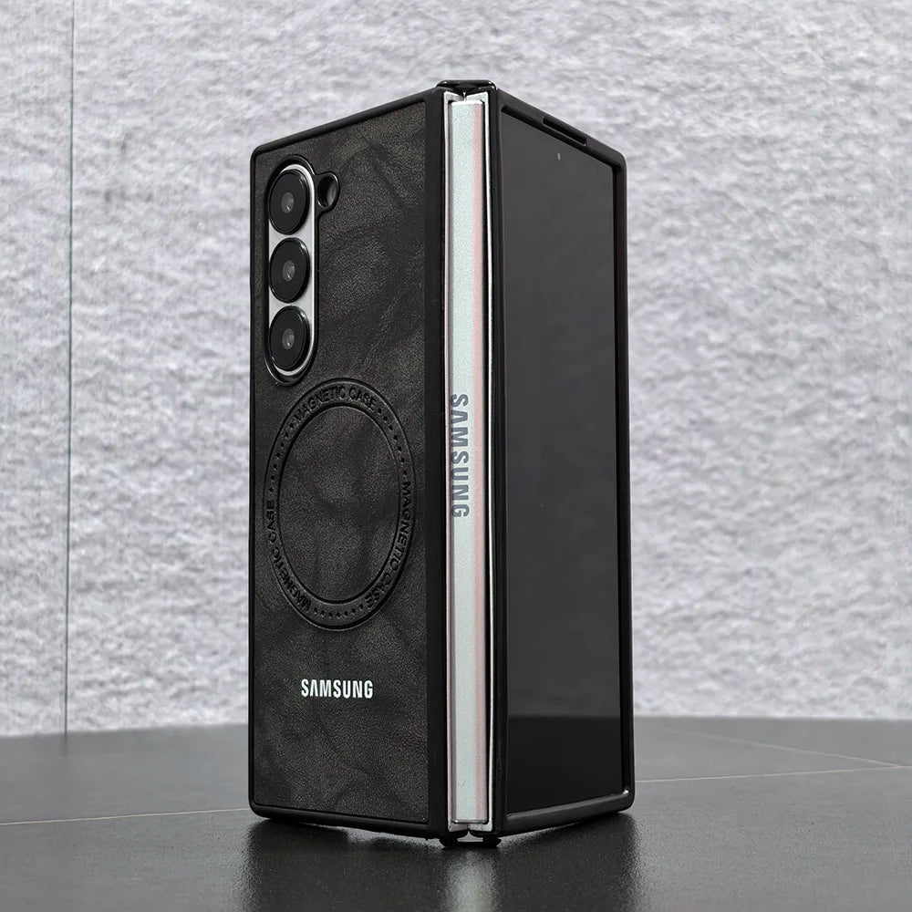 Magnetic Sheepskin Leather Case For Samsung Galaxy Z Fold 3 4 5 6 7 For Magsafe Wireless Charging Hard PC Protective Cover