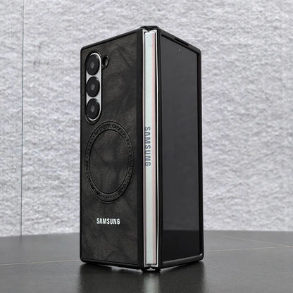 Magnetic Sheepskin Leather Case For Samsung Galaxy Z Fold 3 4 5 6 7 For Magsafe Wireless Charging Hard PC Protective Cover