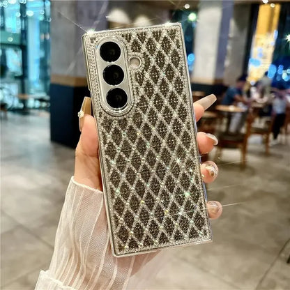 Glitter Bling Plaid Diamond Phone Case For Samsung Galaxy Z Fold 7 Fold6 ZFold 5 4 Luxury Rhinestone High-end Plating Hard Cover