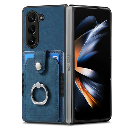 Z Fold 7 Retro Pu Leather Phone Case for Samsung Galaxy Z Fold 6 5 4 3 Magnetic Hardware Ring&buckle Card Slot Bag Bracket Cover