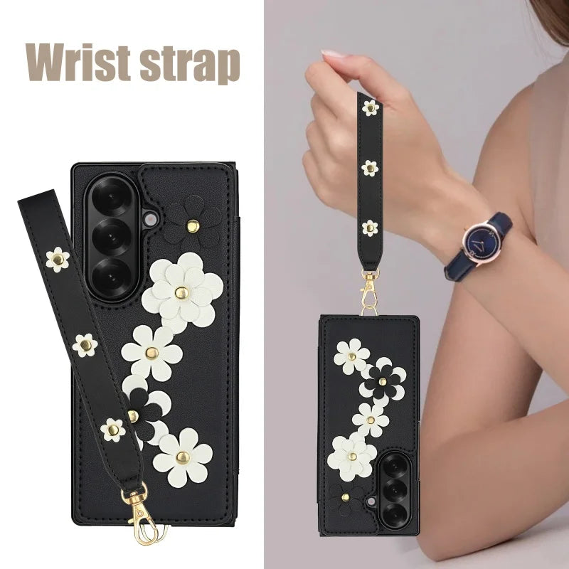 Long Lanyard Leather Wallet Card Slot Phone Case for Samsung Galaxy Z Fold 7 6 5 4 Wrist Strap Flip Purse Holder Cover Back Bag