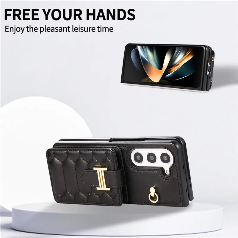 Crossbody Lanyard Leather Phone Case for Samsung Galaxy Z Fold 6 5 4 3 Fold6 Fold5 Fold4 Fold3 Wrist Rope Wallet Card Cover Etui
