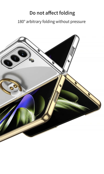 Luxury Plating HD Transparent Case for Samsung Galaxy Z Fold 6 5 5G Case with Ring Metal Ring Clear Shockproof Shell Case