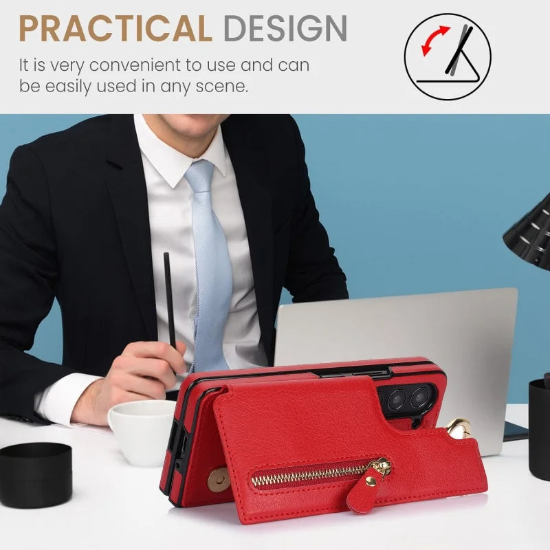 Ring Leather Zipper Wallet Card Slot Phone Case for Samsung Galaxy Z Fold 7 6 5 4 3 Shock Proof Flip Purse Holder Cover Hoesje