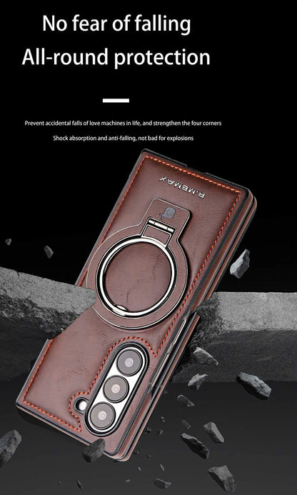 Electroplated Leather  Phone Case for Samsung Galaxy Z Fold 7 ZFold 6 5 4 3 Bracket Magnetic Wireless Charging Protective Cover
