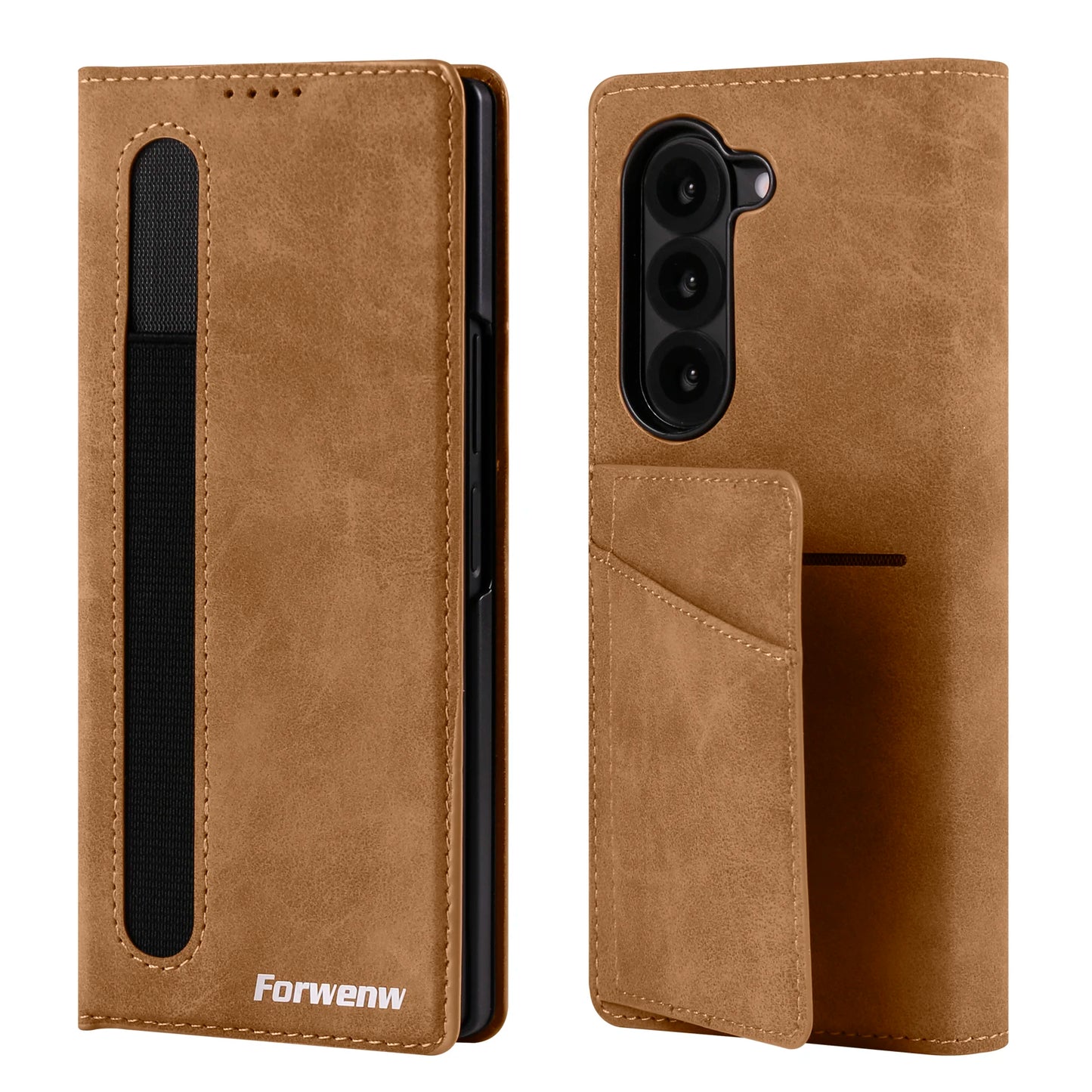 Forwenw Luxury Card Bag Holder Leather Case for Galaxy Z Fold 7 Fold 6 Fold 5 Fold 4 Fold 3 Pen Slot Holder Folding Cover Funda