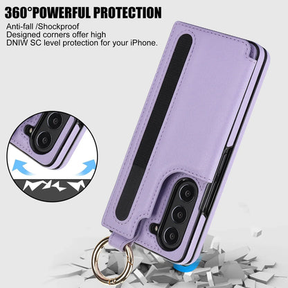 Fold7 Ring&Pen Slot Pu Leather Phone Case for Samsung Galaxy Z Fold 7 6 5 4 3 Metal Double Buckle Flip Card Holder Wallet Cover