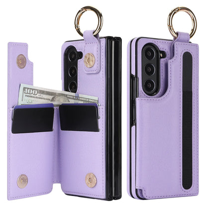 Fold7 Ring&Pen Slot Pu Leather Phone Case for Samsung Galaxy Z Fold 7 6 5 4 3 Metal Double Buckle Flip Card Holder Wallet Cover