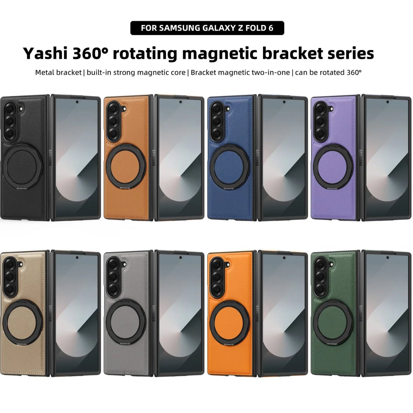 Phone Case for Samsung Galaxy Z Fold 7 Fold6 5 4 3 Strong Magnetic Ring&360 °rotating Bracket Wireless Charging Pu Leather Cover