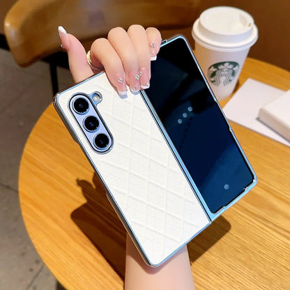 Phone Case for Samsung Galaxy Z Fold 7 6 5 4 Z Electroplated Diamond Grid Pattern PU Leather Luxury Hard Cover