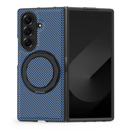 Auto Leather Phone Case for Samsung Galaxy Z Fold 7 Fold6 5 4 3 Magnetic Rotating Alloy Bracket Ring Carbon Fiber Pattern Cover