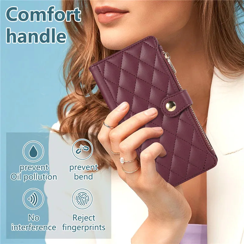 Crossbody Lanyard Leather Zip Wallet Card Slot Phone Case for Samsung Galaxy Z Fold 7 6 5 4 3 Wrist Strap Flip Stand Cover Etui