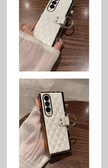 Leather Case with Ring Screen Protector for Samsung Galaxy Z, Fold 5, 6, 7 Z Fold 3, 4, Luxury Phone Case, Plating, Woman, Girl