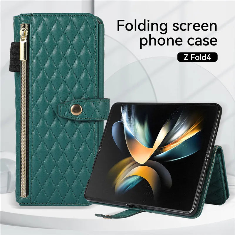 Luxury Lanyard Leather Flip Stand Phone Case for Samsung Galaxy Z Fold 7 6 5 4 3 Fold6 Fold5 Fold3 Fold4 Zip Wallet Card Cover