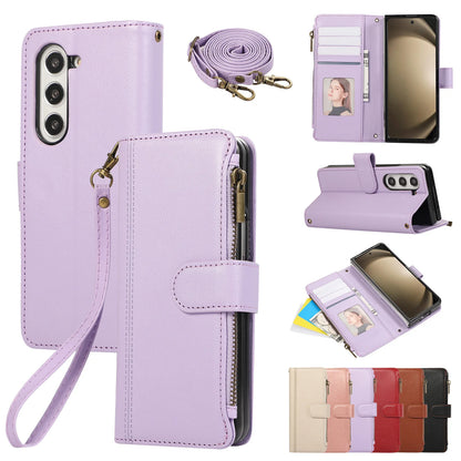 Lanyard+long Strap Crossbody Phone Case for Samsung Galaxy Z Fold 7 Fold6 5 4 3 Zipper&buckle Leather Card Holder Wallet Cover