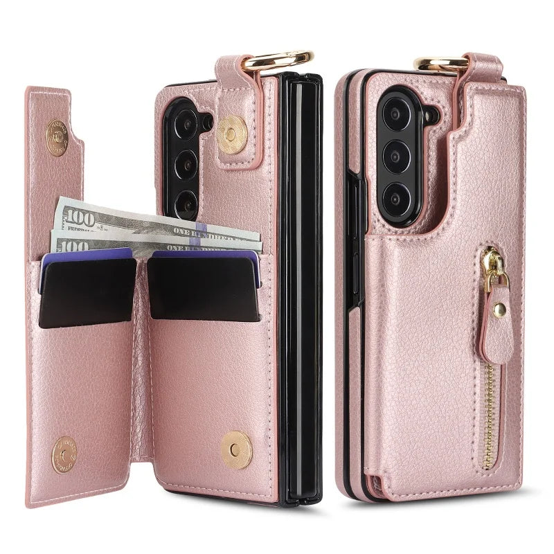 Ring Leather Zipper Wallet Card Slot Phone Case for Samsung Galaxy Z Fold 7 6 5 4 3 Shock Proof Flip Purse Holder Cover Hoesje