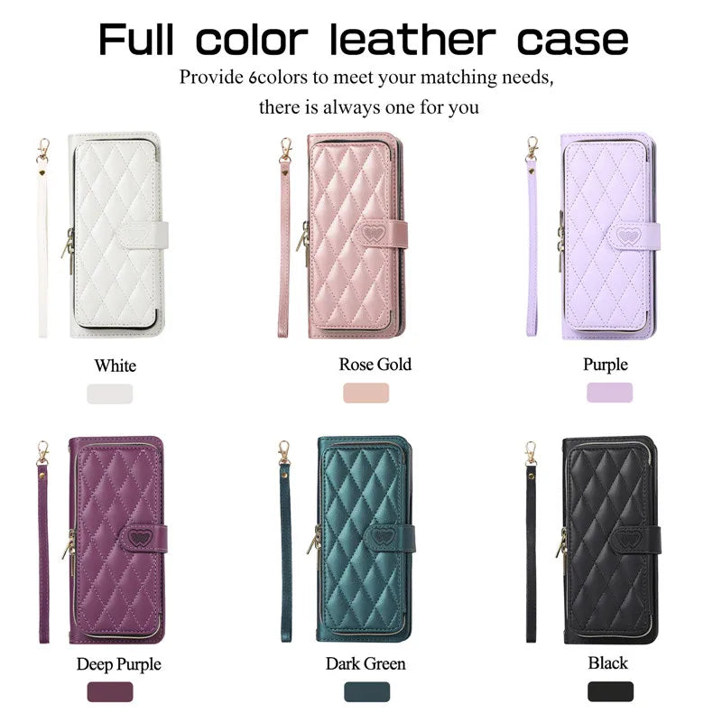 Crossbody Lanyard Zip Leather Wallet Card Phone Case for Samsung Galaxy Z Fold 7 6 5 4 3 Luxury Wrist Rope Flip Stand Cover Bag