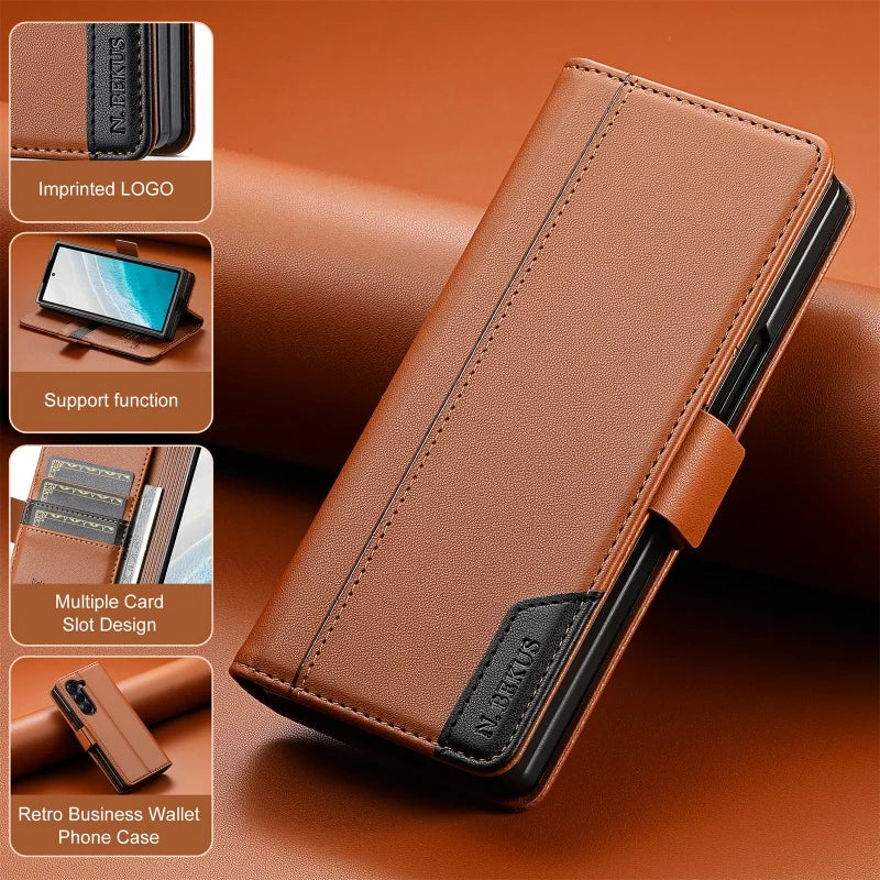 Luxury Magnetic Anti-theft Brush Leather Wallet Card Slot Phone Case for Samsung Galaxy Z Fold 7 6 5 4 3 Purse Holder Cover Etui